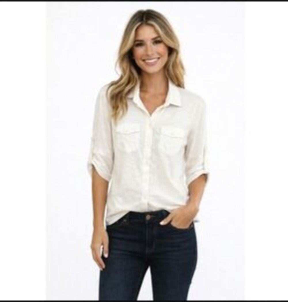 Sandra Ingrish White Contrast Panel 3/4 Sleeve Button Up Polo size S